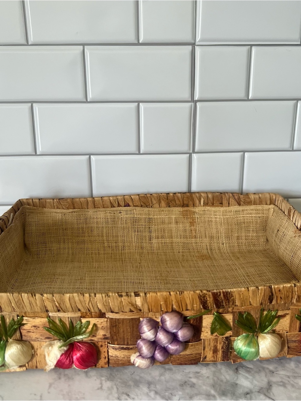Vintage Natural Woven Basket with Colorful  Accents